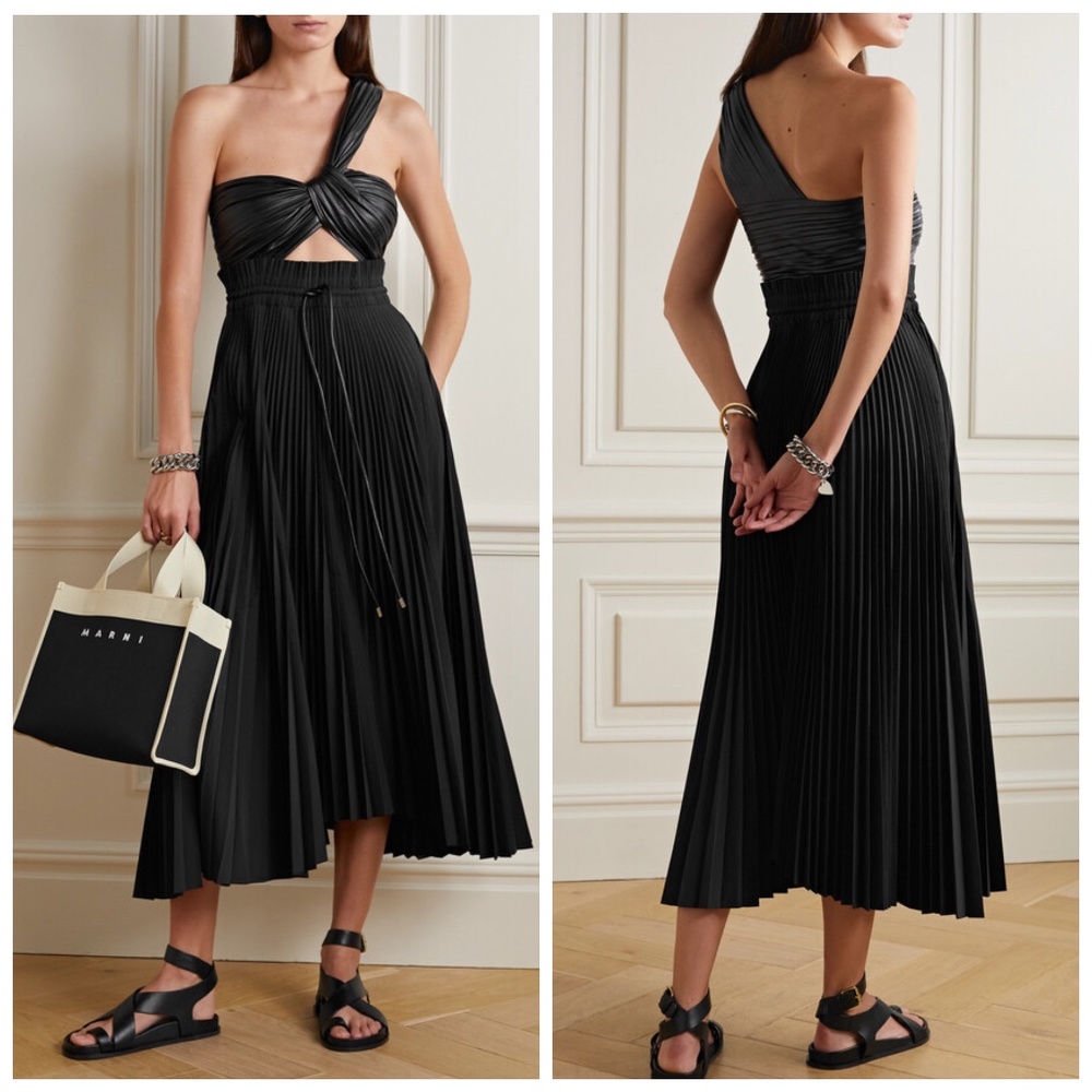 A.L.C. Black One-Shoulder Pleated Midi Dress